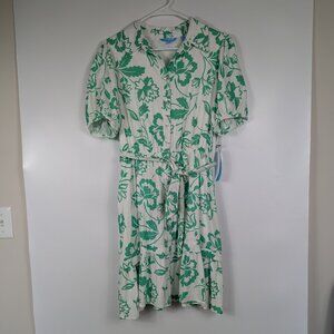 Draper James RSVP Green & White Floral Puff Sleeve Shirt Dress with Belt